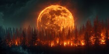 A Full Red Moon Rises In The Mystical Night Sky, Casting Dramatic Light On The Burning Forest.