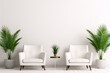 Two white armchairs in a white room with potted palm plants, white background, 3d render