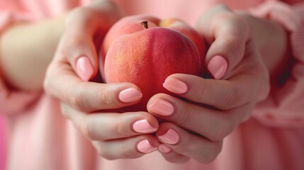 A woman with beautiful pink nail makeup holds peaches in her hands.