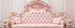 Pink tufted settee with matching side tables in a white and gold room