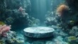 A serene underwater scene with sunbeams, a round stone platform, and colorful marine plants among rocks, generative ai