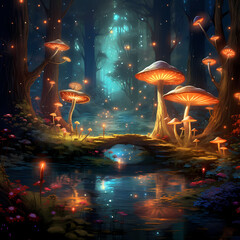 Wall Mural - Enchanting forest with glowing mushrooms. 