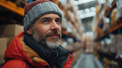 Wall Mural - A bearded man in a red jacket and gray beanie stands in a warehouse with shelves