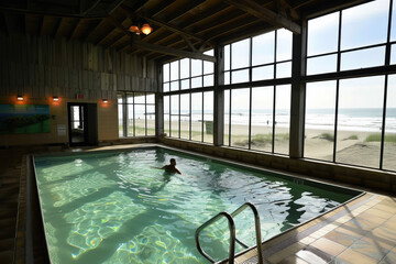 Shot of indoor pool with large windows overlooking the beach, person swimming