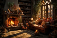 A cozy living room with a hardwood floor, fireplace, and couch