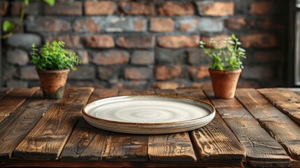 A ceramic plate rests on a wooden table between two potted green herbs against a brick wall
