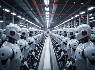 A factory full of advanced robots standing in a never ending line