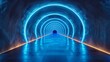 Futuristic tunnel illuminated with blue lights creating a circular pattern along the walls and ceiling