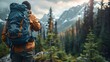 © FoxGrafy - Close-up of a hiker adjusting a shoulder bag strap, tall trees and distant mountains in the background