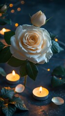 Wall Mural - A white rose with dew drops is centered among lit tealight candles and dark blue backdrop