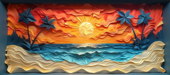 paysage de plage au coucher du soleil en origami