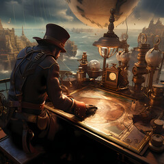 Wall Mural - Steampunk explorer mapping uncharted territory. 