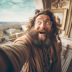 Canvas Print - Time-traveling tourist taking a selfie in history.