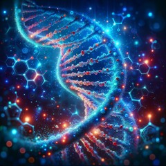 Poster - Dynamic digital art of a DNA double helix glowing with neon lights
