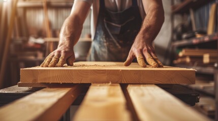 Sticker -  man owner a small furniture business is preparing wood for production. carpenter male is adjust wood to the desired size. architect, designer, Built-in, professional wood, craftsman, workshop.