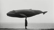 Man with large whale on head. Vintage surreal art. Banner black and white.