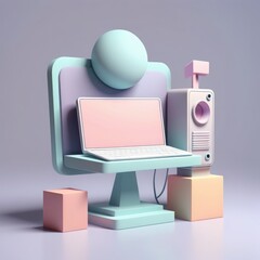 Poster - computer monitor with mouse and laptop on pink background. 3d render computer monitor with mouse and laptop on pink background. 3d render 3d render. computer keyboard and mouse.