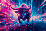 Fototapeta Sport - A wireframe bull, symbolizing aggressive financial growth, charges through a vibrant, digital landscape representing the dynamic and fast-paced stock market
