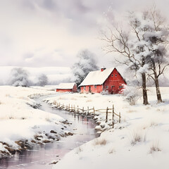 Poster - A snowy winter scene with a red barn in the distance