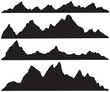 Set of black and white mountain silhouettes landscape wallpaper background. Rocky Peaks logo hand drawn mountains icon collection. Vintage sketch sunset mountains range various shapes vector  design