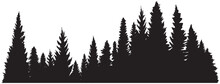 Hand Drawn Forest Pine Trees Or Fir Trees Silhouettes. Dark Straight Trees Tranquil Scene. Vintage Trees And Forest Silhouette Monochrome Conifer Spruce Horizontal Background Isolated. Black Evergreen