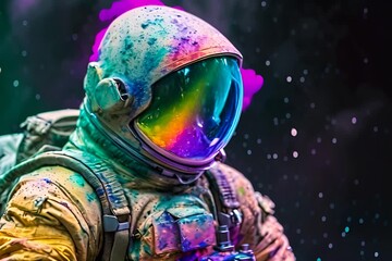 Wall Mural - Astronaut in outer space. Man in spacesuit and helmet with colorful paints