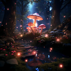 Poster - Enchanted forest with glowing mushrooms.