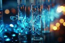 Close Up Of Test Tubes Filled With Electric Blue Liquid