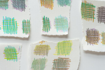 Sticker - torn paper with patchwork color pencil samples