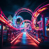 Fototapeta  - Neon-lit rollercoaster at an amusement park.