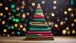  A Christmas tree constructed out of books. Christmas tree-shaped colorful books with bokeh lights in the background. Christmas background with a creative and minimalist feel. Christmas reading