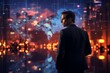 a man in a suit is standing in front of a screen with a map of the world on it