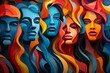 a colorful painting of a group of women s faces with long hair
