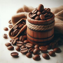 Coffee Beans In A Wooden Scoop And Wooden Barrel AI Generated Image