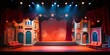 a stage with red curtains and a red stage with a red curtain and a blue light