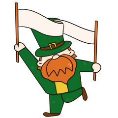 Leprechaun celebrating St Patrick's Day with Irish charm, wearing a green hat, surrounded by clovers, gold, and a festive at mosphere in a charming cartoon illustration with label