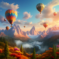 Poster - Whimsical hot air balloons over a mountain range.