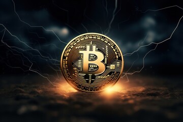 Wall Mural - Bitcoin with lightning bolt as the future digital payment currency. Photorealistic.