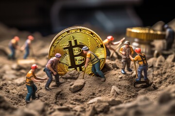 Wall Mural - A group of toy workers digging out a bitcoin from dirt. Concept of bitcoin mining as the future digital payment currency. Photorealistic.