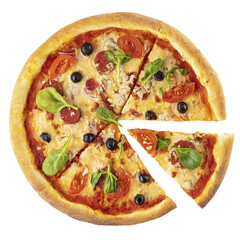 Wall Mural - Pizza with mozzarella, tomatoes, olives and basil isolated on transparent background. Top view
