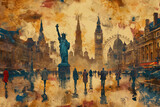 Fototapeta Big Ben - World landmarks travel illustration - Eiffel tower, Big Ben, Liberty statue, USA, Europe, France, 