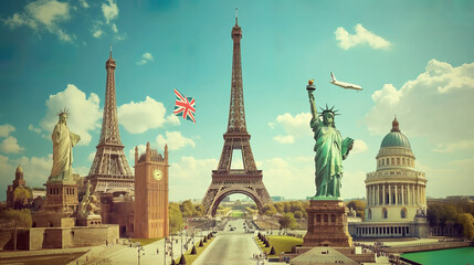 Wall Mural - World landmarks travel illustration - Eiffel tower, Big Ben, Liberty statue, USA, Europe, France, UK London