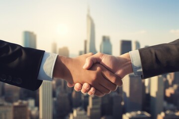 Close-up view of handshaking between two business man with city background.