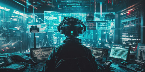 Wall Mural - Cyberpunk futuristic style work space illustration.