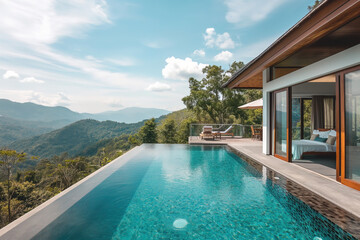 Luxury villa with a swimming pool in a tropical country, on a beautiful sunny day, picturesque scenic