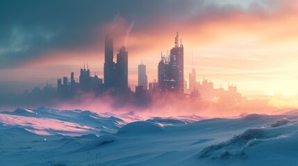 Wall Mural - Cold winter sunrise with heavy snow of a futuristic city with modern skyscraper buildings.