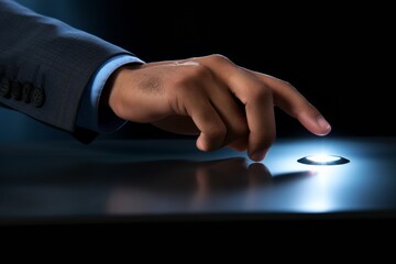 Businessman hand pressing a digital smart button on a screen during a business meeting, actively engaging with a technological device. Generative AI.
