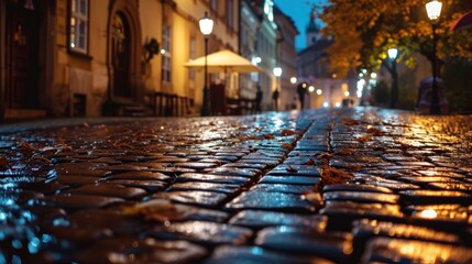 Low angle view of street with historical buildings in Prague city in Czech Republic in Europe.