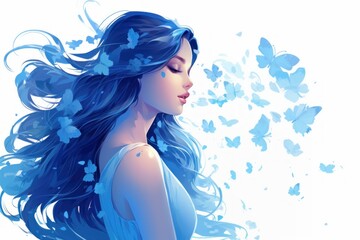 Wall Mural - Beautiful girl with flowers in her hair, fashionable illustration, isolated background, watercolor painting in blue. Design concept for beauty salons, spas, cosmetics, fashion 