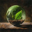 green globe with a leaf placed on top of soil